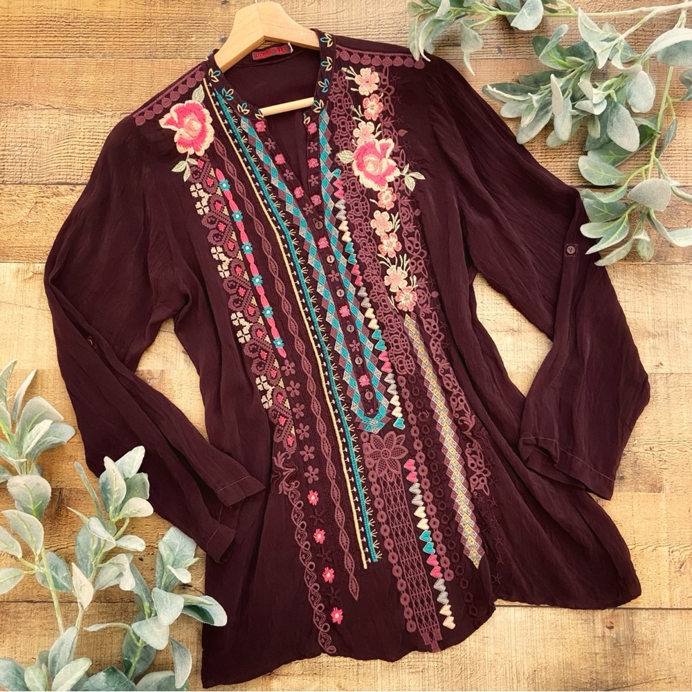 Johnny Was Floral Embroidered Blouse in Rich Burgundy